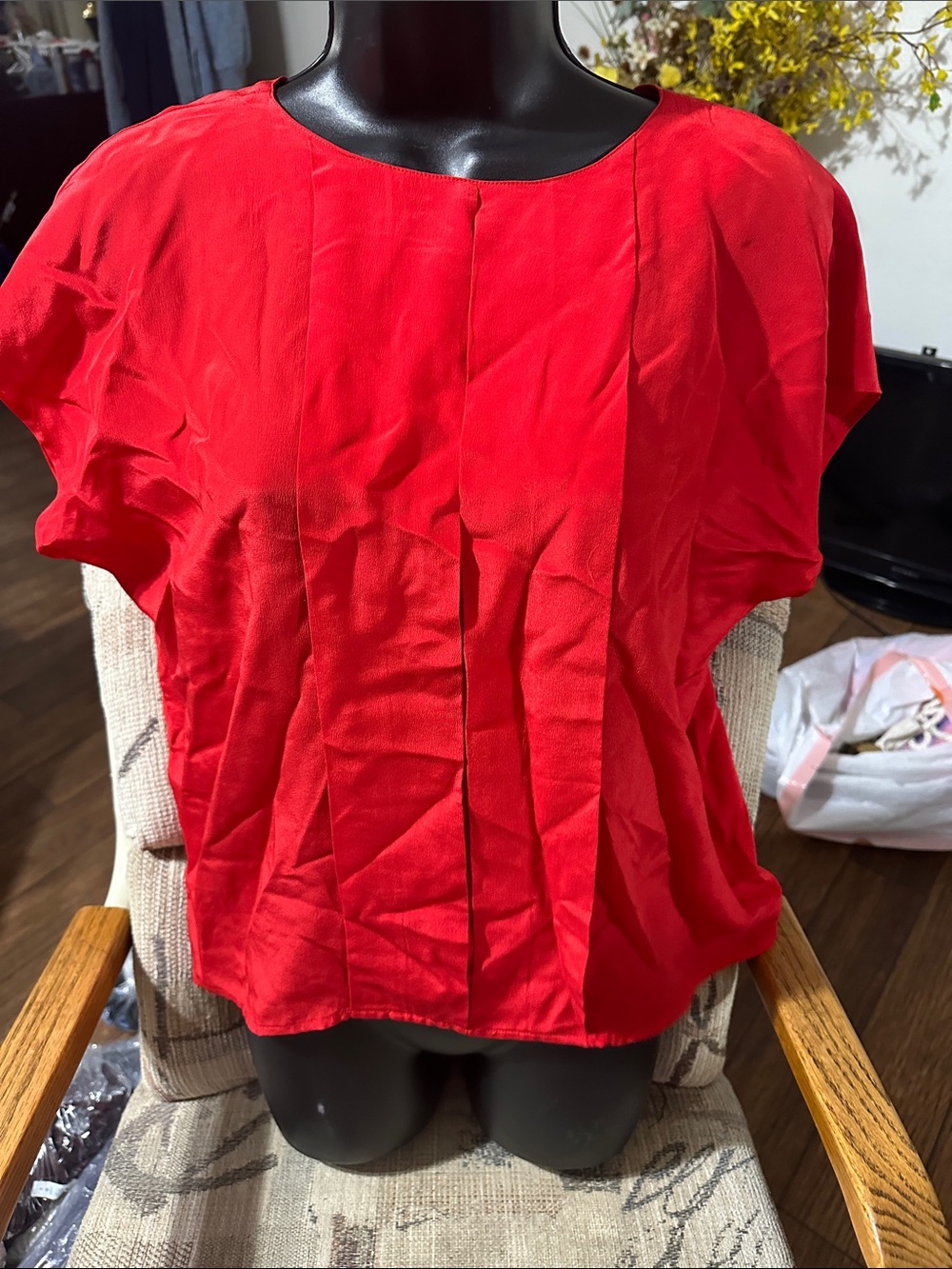Women's Red Pleated Short Sleeve Blouse